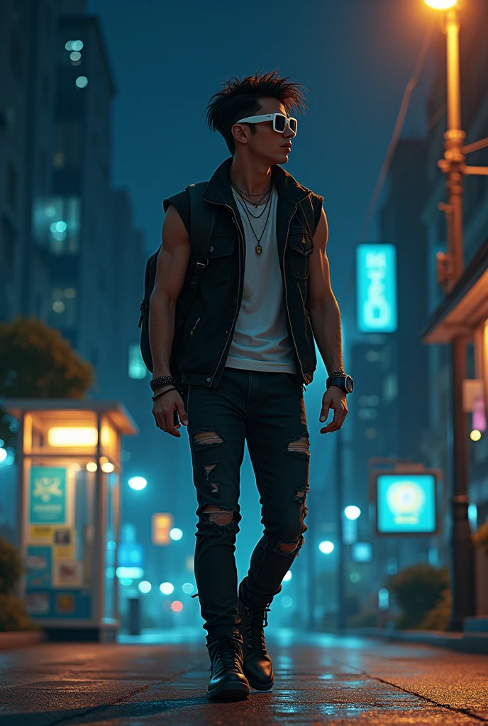 Young man, black hair, 20 years old white sunglasses,  rock'n roll style black clothes, combat boots, black vest, backpack on his back, walking along a street at night, bus stop behind him, lamppost lighting on top of him, city background at night with bus stop, behind him, full body image