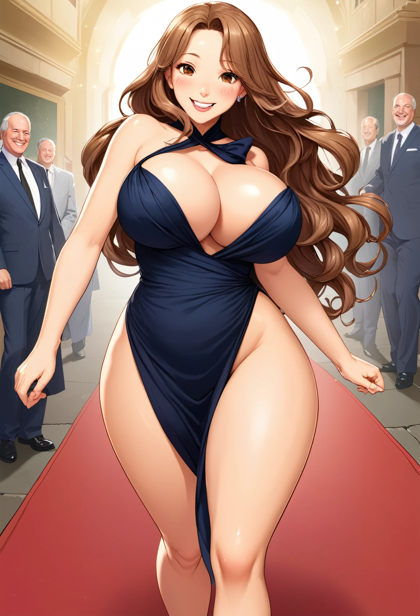 detailed illustration, dynamic angle, ultra-detailed, illustration, 1girl, mid 40’s year old, laugh lines on face, milf, tight black dress, thick thighs, wavy brown hair, grey streaks in hair, long hair, bright brown eyes, deep cleavage, massive sagging breasts, walking around a black tie party, smiling, naïve, blushing, horny, happy, joy, delight, wide child bearing hips,
