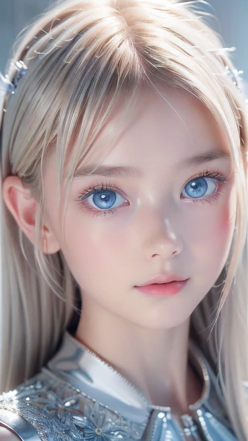 highest quality、8K Masterpiece、Ultra-high resolution、(Realistic:1.3)、RAW Photos、 girl of Scandinavian descent with shiny blonde hair、Silvery blonde hair、Super long straight hair、Bangs between the eyes、bangs over eyes、片bangs over eyes、Bangs between the eyes、White and lustrous skin、1. Cyberpunk Super Beautiful Soldier、((Ultra-Realistic Details))、Portraiture、Global Illumination、Shadow Realm、Octane Rendering、8K、Super sharp、Metal、Cold colors、、Very intricate details、Realistic Light、CG Association Trends、Very beautiful, large light blue eyes、Very big eyes、Eyes shining towards the camera、Neon Details、Small Face Beauty、Round face、Cheek highlight