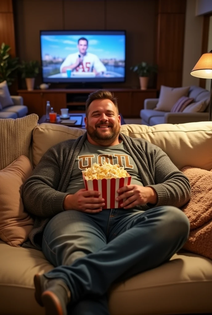 1. **General appearance**: A man of large stature and muscular body, with a friendly face and a wide smile. He may be wearing casual and comfortable clothes., like a team t-shirt or a cozy sweater.

2. **enviroment**: The background may show a well-appointed living room, with a large and comfortable sofa. The sofa can be surrounded by soft pillows and blankets.

3. **Action**: The Bull is sitting on the sofa, with an expression of satisfaction and relaxation. He holds a giant bag of popcorn, that is open, and next to it there may be several food containers, including one with a secret sauce.

4. **Accessories**: Include details like a coffee table with more snacks and drinks.. Perhaps a television is visible in the background., showing something that suggests a movie marathon.

5. **enviroment Aconchegante**: Lighting should be soft and warm, reflecting the comfortable and friendly atmosphere. 