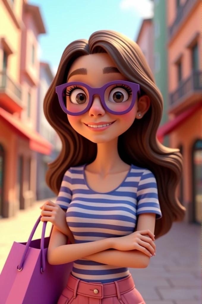 create a pixar style 3d image with a woman with light skin color and purple glasses, Long brown hair ,smiling and with a shopping bag as a logo and striped blouse