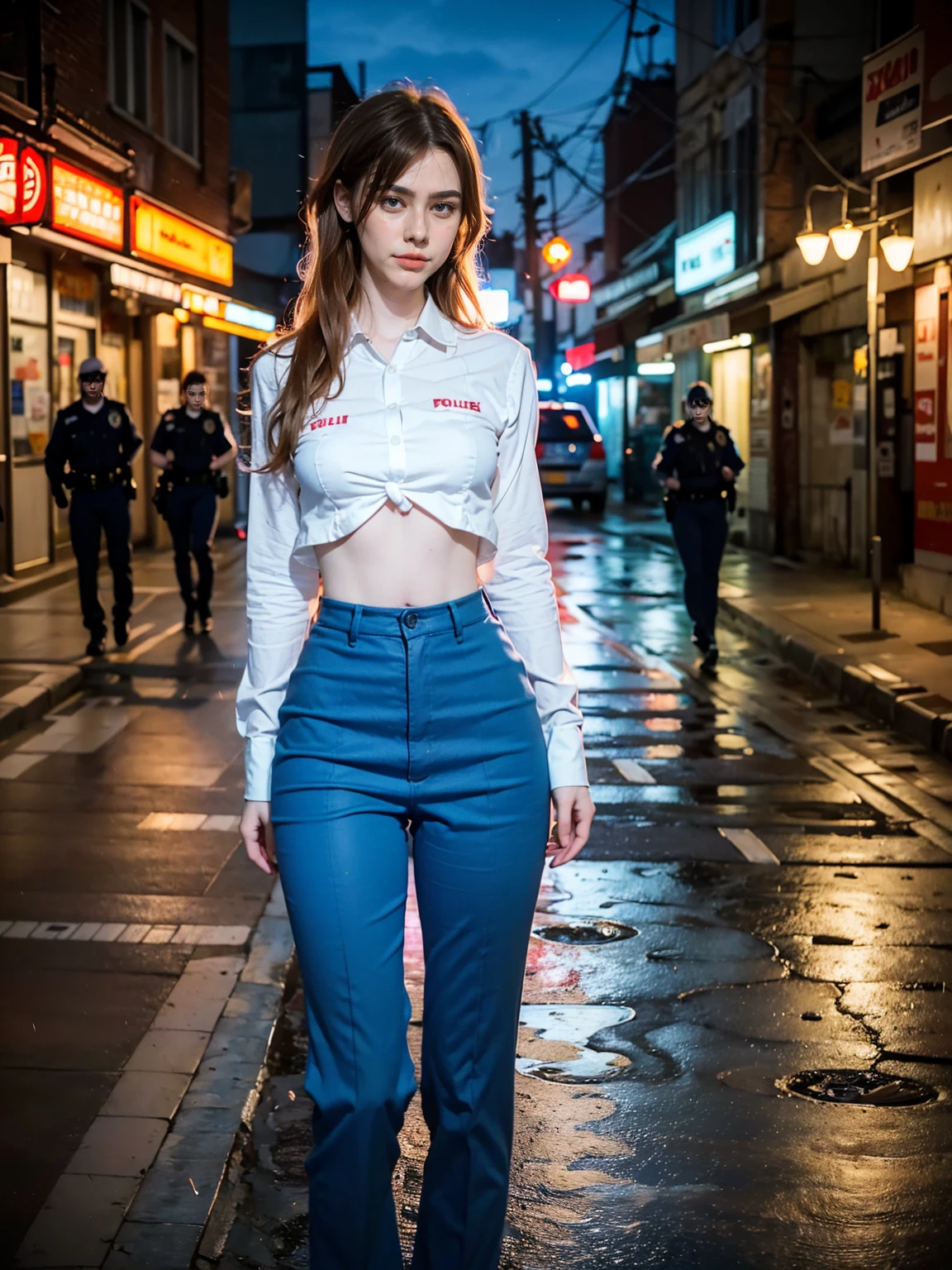 (1 lady), (Best quality at best:1.4), (ultra - detailed), (extremely detailed CG unified 16k), A Beautiful Woman with Perfect Figure: 1.4, Sharp Focus: 1.2, very detailed, High-definition RAW color photo, professional photoshooting, amazing face and eyes, cosmetics, (amazingly beautiful girl), ((asuka)), NOT Dasha Taran, ((police uniform, whole body police uniform, long sleeves blue navy shirt, police uniform blue navy pants)), standing, sexyposture,(Dark and stylish urban landscape, city lights, city lights:1.3), (look from down), realistic cinematic face, head to feet long wide zoomed out view, full body long view, photorealistic, ((realistic natural orange redhair style, blue eyes, long hair)), gorgeous, extremely beautiful face, perfect model beauty, pout mouth, Highly Detailed Face and Skin Texture, Detailed Eyes, Double Eyelids, Medium Breasts, Smile, cleavages, western, (masterpiece), best quality, high resolution, extremely detailed, blurred background, depth of field, cinematic lighting, amazing legs, combat boots, clear and well-cared skin, (((woman occupies most of the picture))), (photorealistic colors, photography colors)