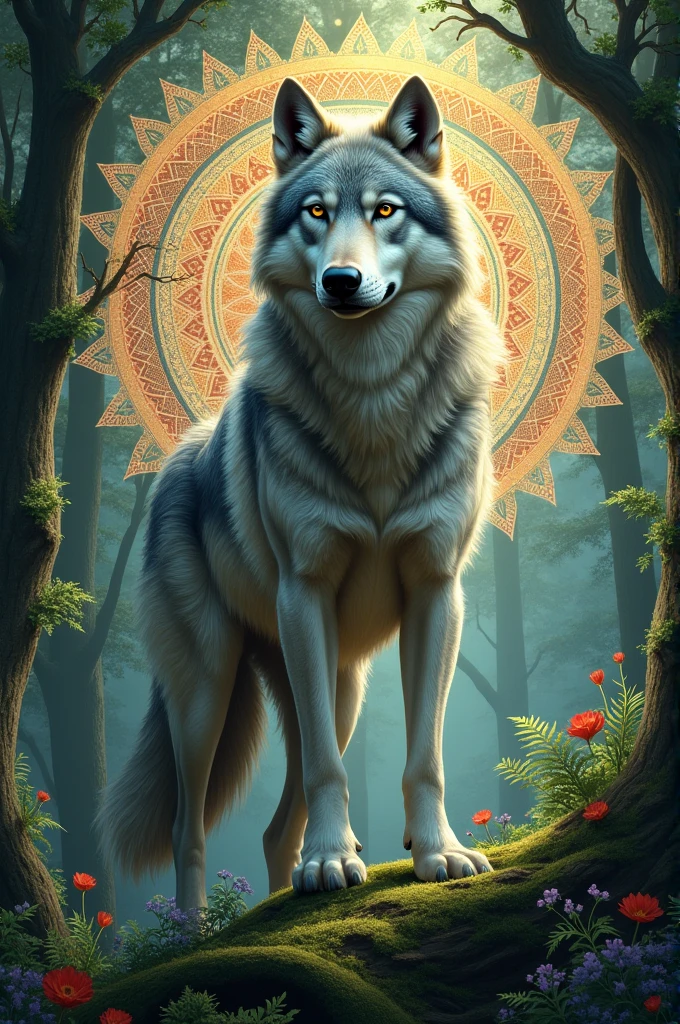 Wolf with mandalas in forest 