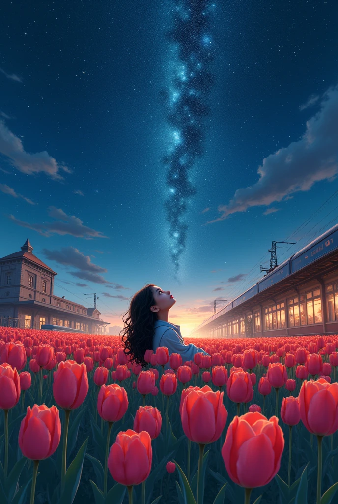 A field of tulips at a train station with a very starry night sky. You can see a lying in the middle of the field looking up at the sky and in the background the train is passing by.