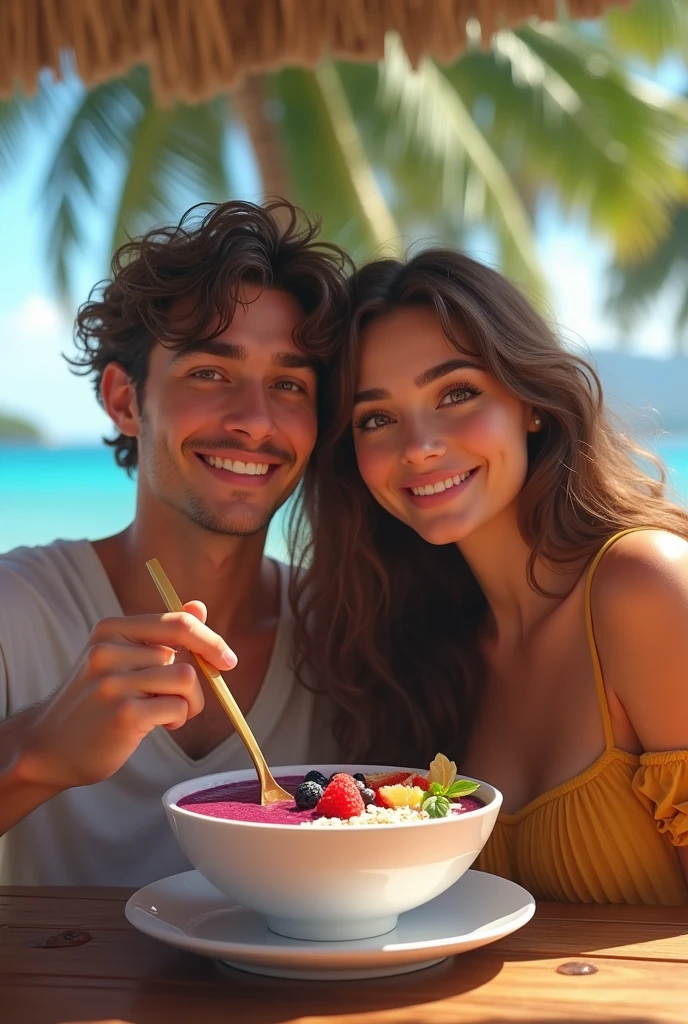 Realistic Man and Girlfriend 25-35 years old, in Maceió Brazil eating acai in a bowl , ultra HD, high qualiy, best qualityer, high resolution, 8k, 16K
