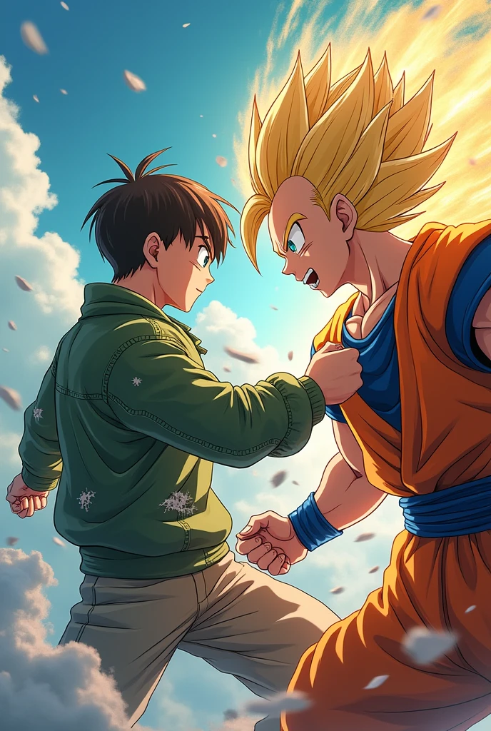 fighting anime with good animation (young man with straight brown hair, expelling all his power and clashing fist with Goku) (he wears a green jacket like the one in the photo of Dragon Ball Super (young man with straight brown hair, expelling all his power and bumping fists with Goku in the sky) (he wears a green jacket like Ben 10's but destroyed by combat) Ben 10 but destroyed by combat)