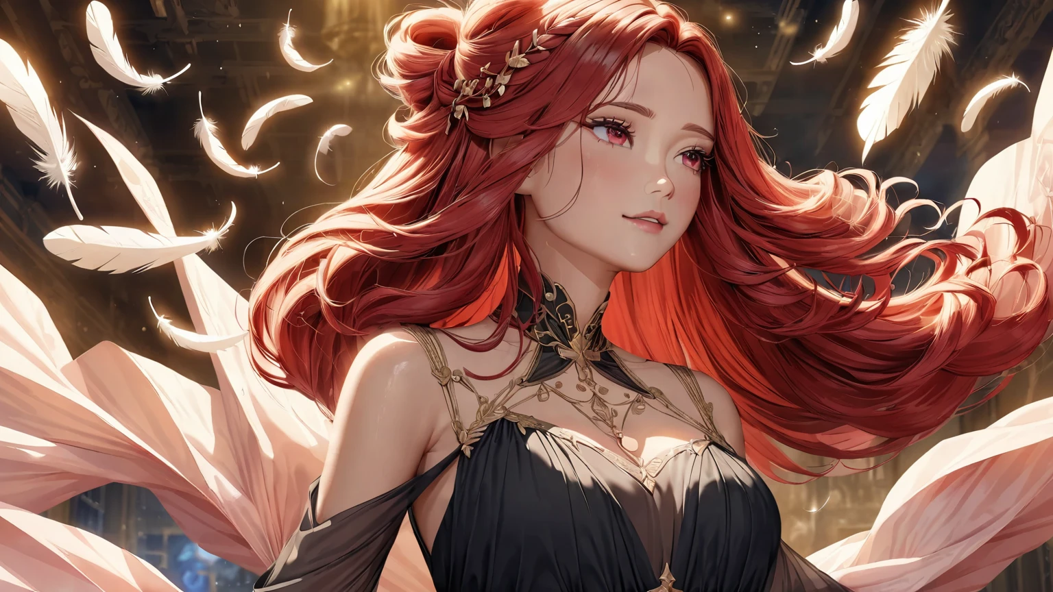 (highest quality、4K、8K、High resolution、masterpiece:1.2)、Super detailed、(anime style、photorealistic:1.37)、Red hair、red eyes、black sheer dress、look up、Upper body、bunched hair、Fair skin、side braid、Graceful background、soft lighting、delicate features、calm expression、floating feathers、flowing dress、elegant posture、mysterious aura、subtle shine、fine details、complex pattern、peaceful atmosphere、surreal atmosphere、graceful movements、seductive charm、Dreamy settings、celestial beauty、 celestial elements、Soft color palette、breeze、Heavenly glow、radiant energy