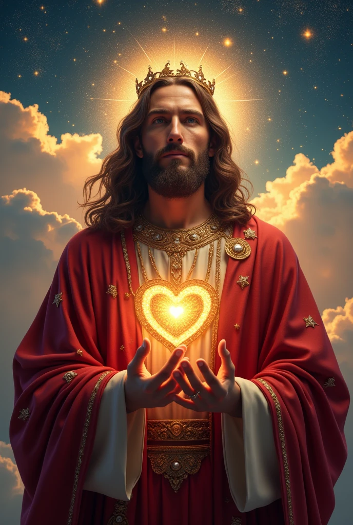 (photorealism:1.2), handsome Jesus Christ, standing straight praying in the galaxy, wearing the red elegant clothes of the king with many diamonds and crown lighting all over, heart that lighting all over, focus on face looking at the camera, nice hair, outdoors, bright lighting, so many clouds in the background, so many clouds and star all over, cozy galaxy, relaxed pose, realistic, intricate details, bright colors,