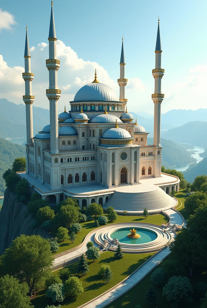 Mosque on top hill, serene, realistic, wide view, 8k