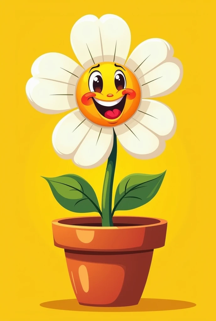Create a vibrant, retro-style cartoon illustration featuring a cheerful, anthropomorphic flower in a pot. The flower has large, white petals and a smiling, expressive face with big eyes and rosy cheeks. The flower's stem is green and slightly curved, and it sits in a classic terracotta flower pot. The overall style should be reminiscent of vintage animation, with bold outlines and a bright yellow background that makes the character pop. The illustration should convey a playful and whimsical vibe, with the flower character exuding a lively and happy personality.