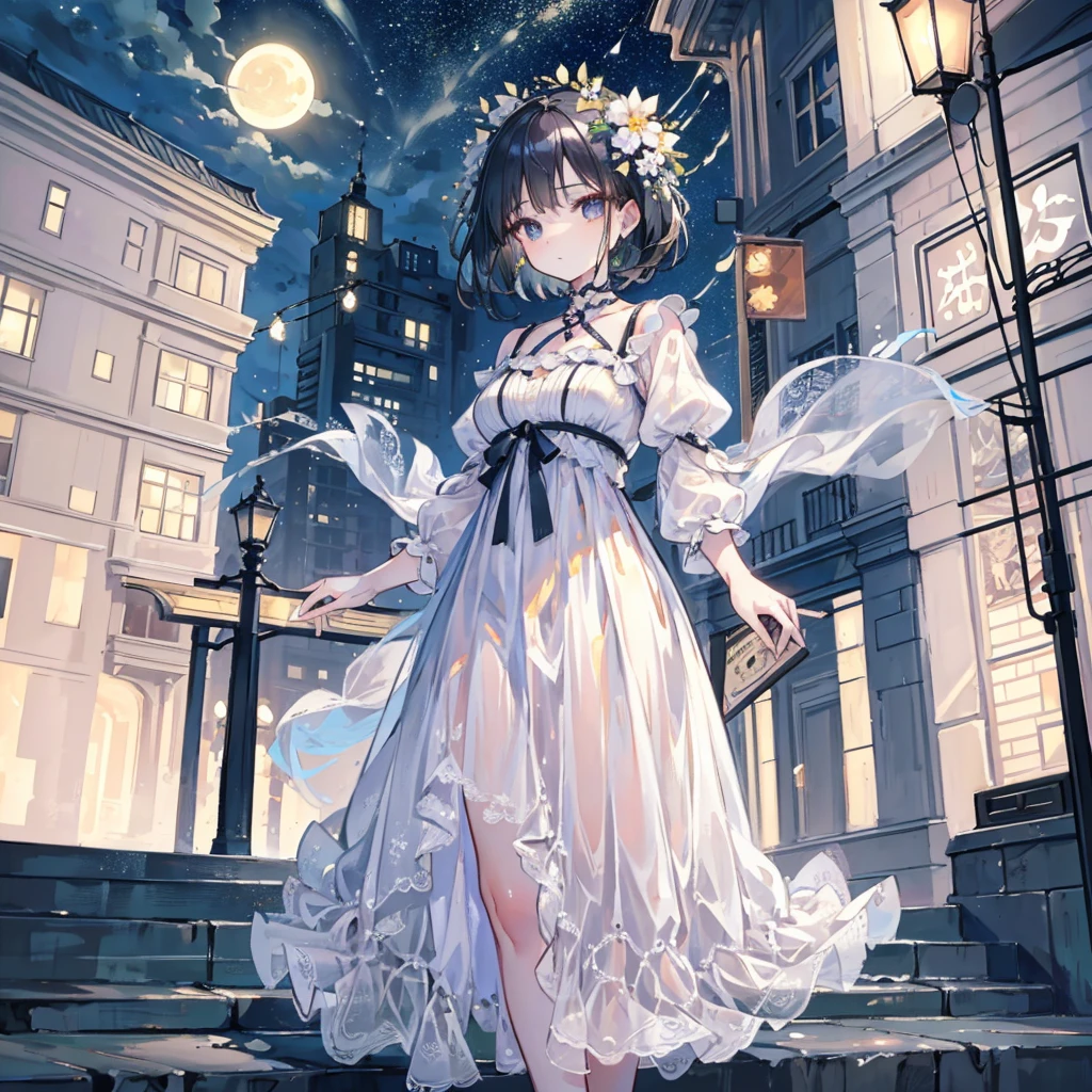 masterpiece, best quality, Miranda, (Half-length photo,Street Lights,moon),masterpiece, 1 Girl, Solo exhibitions, Beautiful woman on the busy street, Surrounded by vendors, Beautiful goddess girl portrait, Beautiful and delicate face, Porcelain skin, (((Half-length photo, center, night, Black Hair, short hair)), Super soft light, symmetry, complex, grace, High Detail, realism, Art, concept Art,