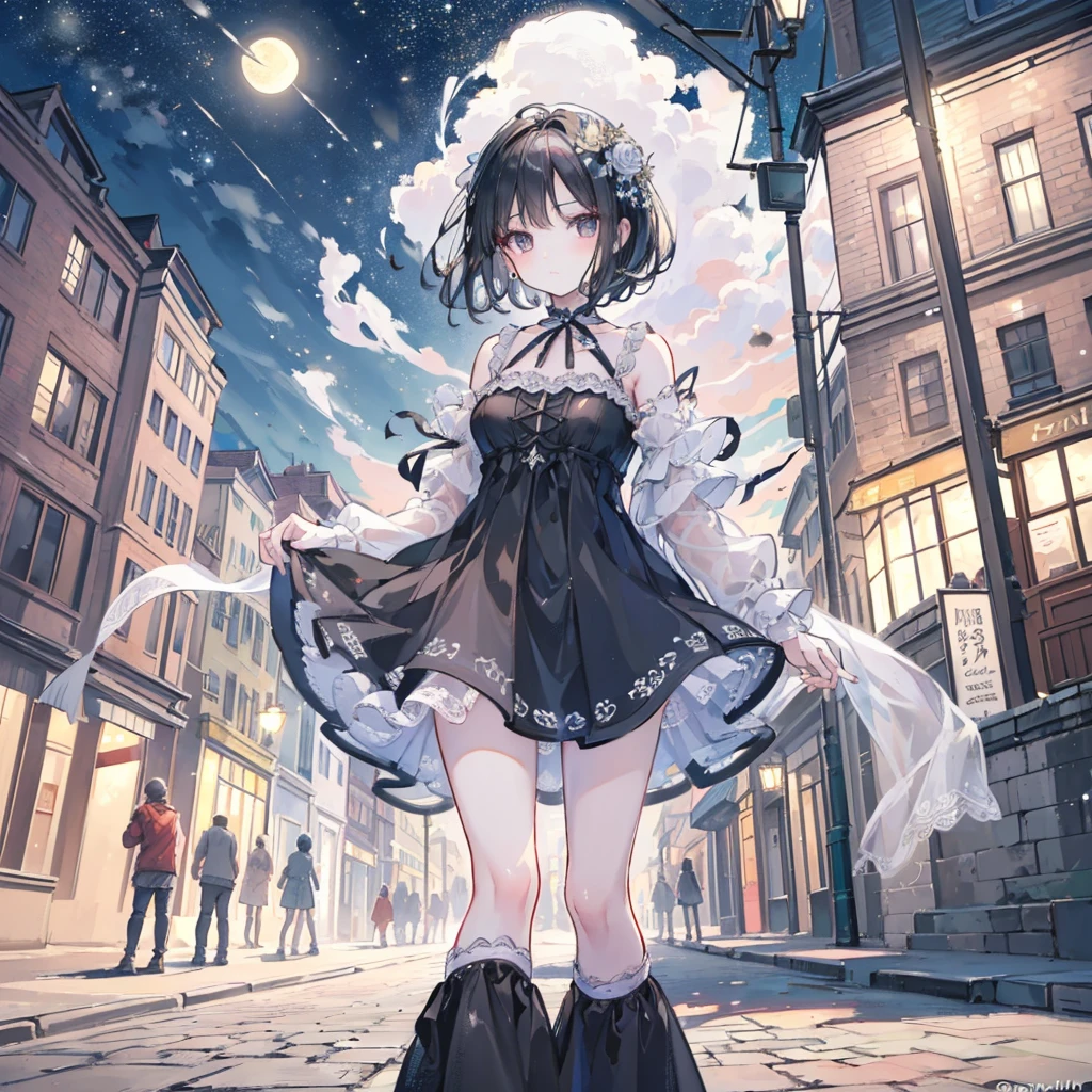 masterpiece, best quality, Miranda, (Half-length photo,Street Lights,moon),masterpiece, 1 Girl, Solo exhibitions, Beautiful woman on the busy street, Surrounded by vendors, Beautiful goddess girl portrait, Beautiful and delicate face, Porcelain skin, (((Half-length photo, center, night, Black Hair, short hair)), Super soft light, symmetry, complex, grace, High Detail, realism, Art, concept Art,