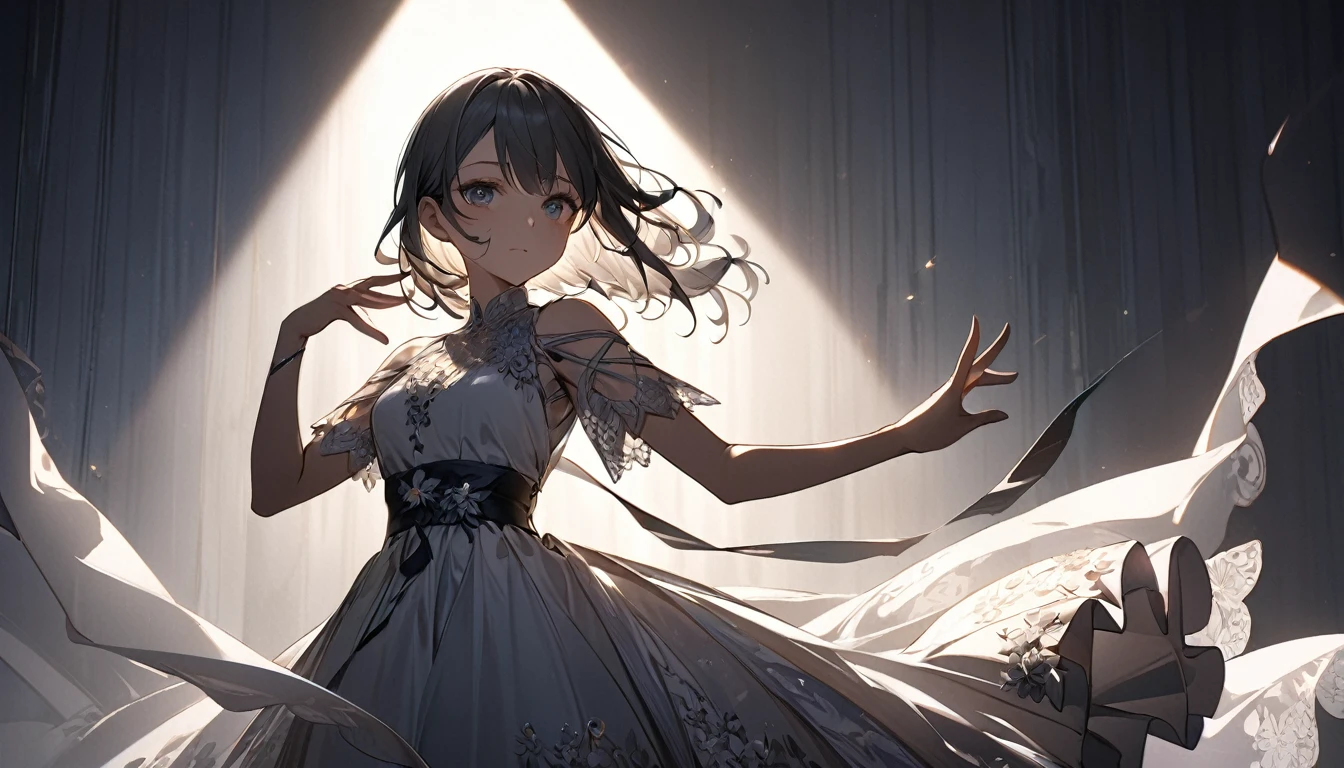 **306. One person。Personification of Shadow Puppets。A fantastical shadow puppet created by the interweaving of light and shadow。Cowboy shot or close-up。
masterpiece, best quality, ultra detailed (Detailed fingers), (Emotional), (Breathtakingly beautiful),
(main part: 1.2 Whole body。), (Anime Style), (Very detailed), (Shadow personification),
(超High resolution, High resolution), (8k), (High resolution: 1.2), (Complex and beautiful: 1.2)**
- background: A ray of light shining into a dark room、A fantastic shadow projected on the wall。
- Personification: Young woman, around 18 years old、Wearing a dress that highlights her silhouette like a shadow puppet。
-pose: A pose that seems to merge with the shadow on the wall。
-expression: Mysterious and tranquil、A shadowy, elusive expression。
- Effects: Light and shadow intertwine exquisitely、Effects that create a fantastic atmosphere。
-color: Black and Silver、A color that symbolizes the depth of shadow and the brilliance of light。
