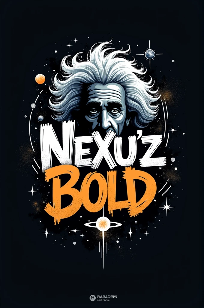 I want a minimalist logo with these ideas Text: "Nexu'z Bold" in graffiti style.
Visual Elements: Einstein's hair styled as part of the design, mixed with astronomical elements such as stars and planets.
colors: Use black and grey for an urban touch, with blue accents, orange, white and silver to represent physics.
urban style: Incorporate textures and details like graffiti, urban patterns and spray effects