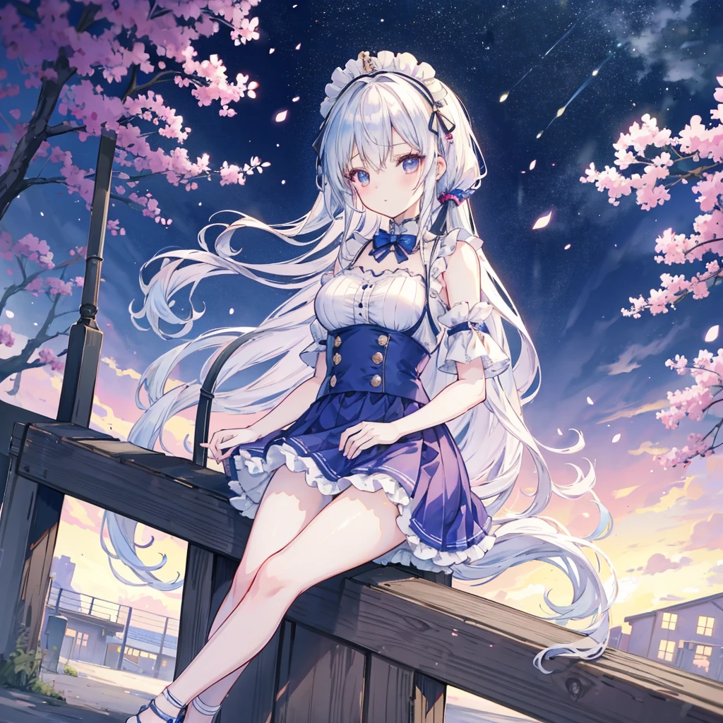 Anime girl in maid costume sitting on a bench,The background is a city, Best Anime 4K Konachan Wallpapers, Fine details. Girls Frontline, Lolish, from Girls Frontline, From the Azur Lane video game, Night Core, Azur route style, Cute anime girl in a beautiful skirt, Perfect white-haired girl, Attractive anime girl, Smooth anime CG art