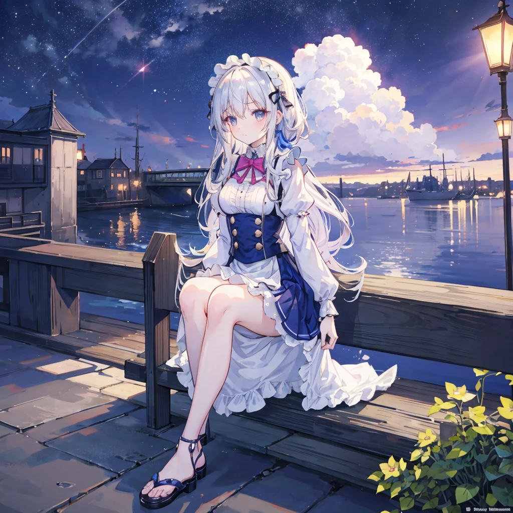 Anime girl in maid costume sitting on a bench,The background is a city, Best Anime 4K Konachan Wallpapers, Fine details. Girls Frontline, Lolish, from Girls Frontline, From the Azur Lane video game, Night Core, Azur route style, Cute anime girl in a beautiful skirt, Perfect white-haired girl, Attractive anime girl, Smooth anime CG art