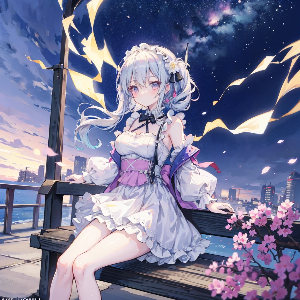 Anime girl in maid costume sitting on a bench,The background is a city, Best Anime 4K Konachan Wallpapers, Fine details. Girls Frontline, Lolish, from Girls Frontline, From the Azur Lane video game, Night Core, Azur route style, Cute anime girl in a beautiful skirt, Perfect white-haired girl, Attractive anime girl, Smooth anime CG art