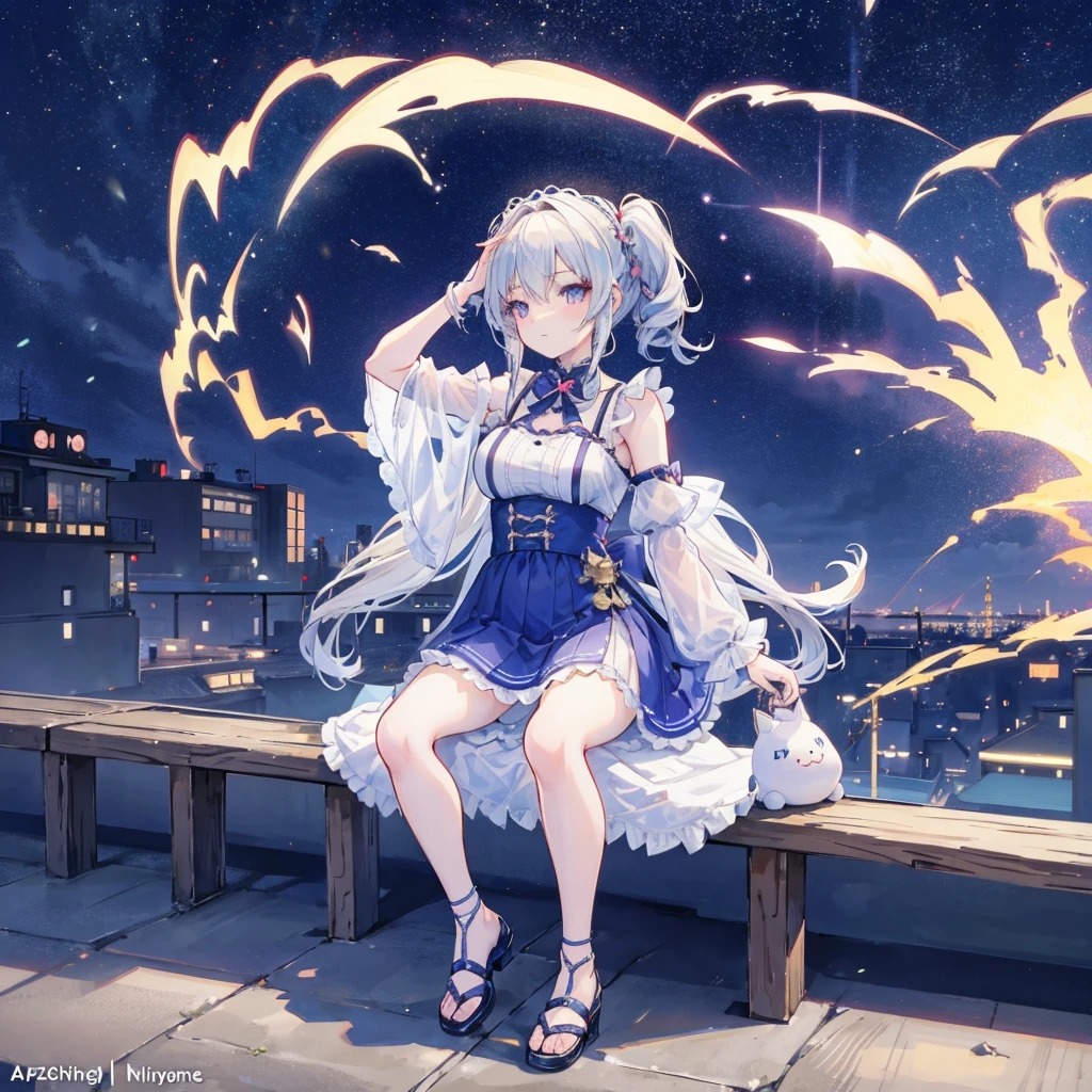 Anime girl in maid costume sitting on a bench,The background is a city, Best Anime 4K Konachan Wallpapers, Fine details. Girls Frontline, Lolish, from Girls Frontline, From the Azur Lane video game, Night Core, Azur route style, Cute anime girl in a beautiful skirt, Perfect white-haired girl, Attractive anime girl, Smooth anime CG art