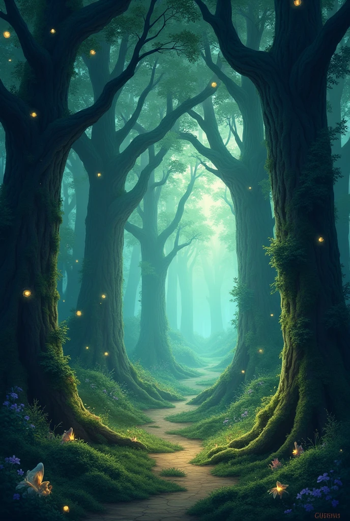 Dark cold magical forest for children's story