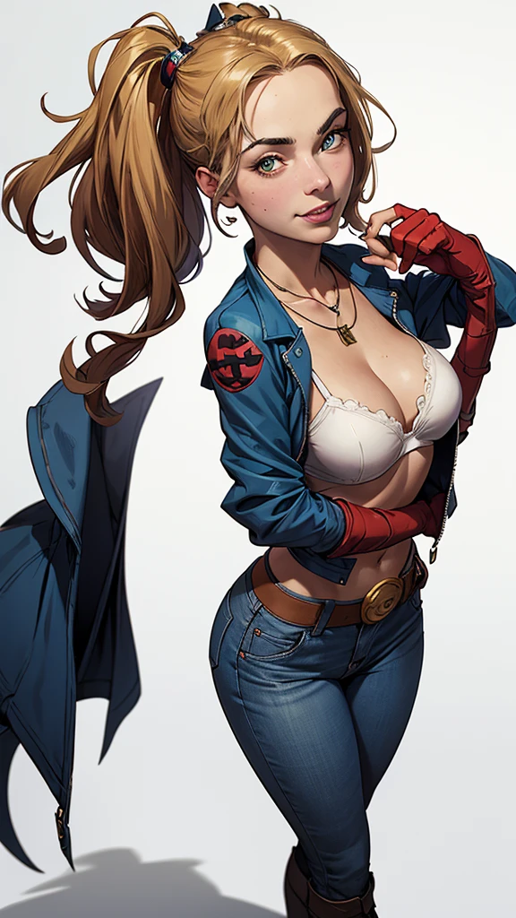 (cartoon style:1.2), Drawings of (harley quinn), he used to smile, perfect green eyes, face detailed, White background, fun pose, seducing gaze,Full body wearing the harley quinn uniform, beautiful medium breasts and wonderful body cartoon style digital illustration. Wearing panties margot robbie , , white bra, green vest, sleeveless, へそ, blue jeans, Brown boots, gloves fingerless, short gloves, slightly-smile, shorth hair, wavy hair, parted bangs, dyed pigtails,blue colored eyes,, old american west, sunny desert background, waist belt, best qualityer, Artwork margot robbie close-up of a woman with a necklace around her neck, attractive female face!!!, very beautiful face, very attractive and beautiful, Natalie Dormer, Sydney Sweeney, like Corinne, amber ear, holywood actress, Dakota Fanning, with very thin lips, taken at the beginning of 2020, face perfect ), most beautiful woman in the worlda woman in a blue jacket and jeans posing for a photo, artegerm extremamente detalhado, gama murata and artegerm, artegerm style, Krenz Cushart e Artegerm, seductive anime girl, artegerm trend, model iG | artegerm, by Yoshihiko Wada, in the artegerm style, artegerm style