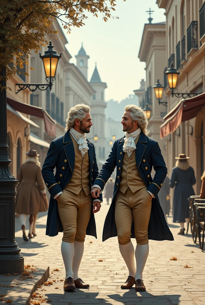 Men walking in 18th century clothing