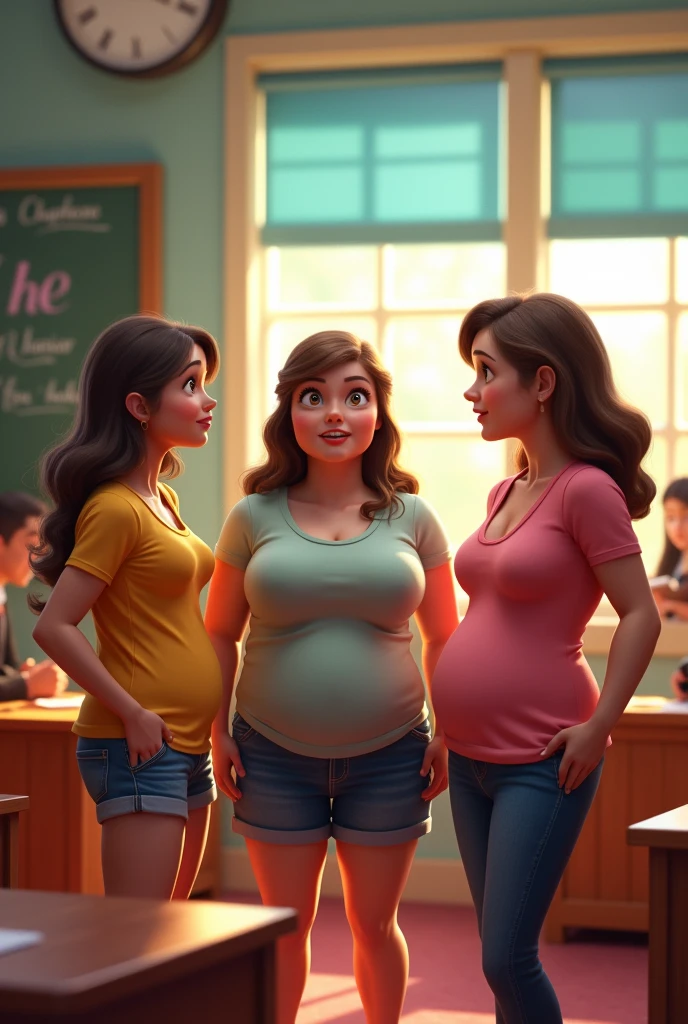 A movie poster, da Disney e Pixa, about three female students, one of them chubby, all of them have huge breasts, and they are talking bad about their teacher, The name of the film is "The SlutZ". 
 Remember to make it look like a Disney poster, with the name of the movie, o nome da Disney e Pixa e etc...