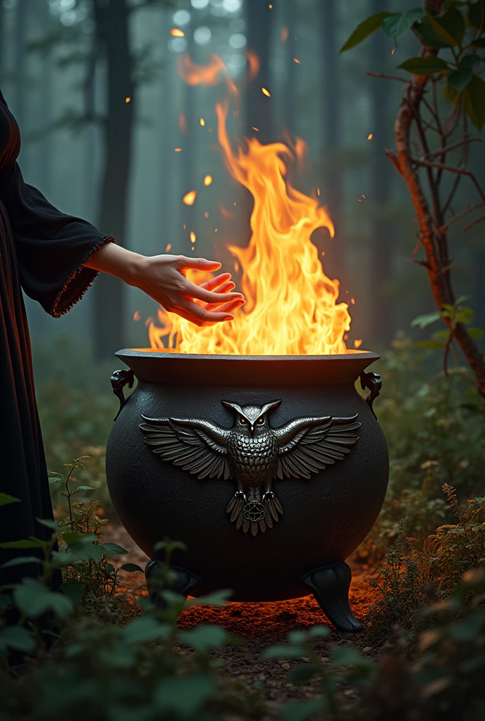 iron cauldron with an owl and a pentagram in relief, catching fire in the middle of the dense forest and a woman's hands on top in contact with the fire
