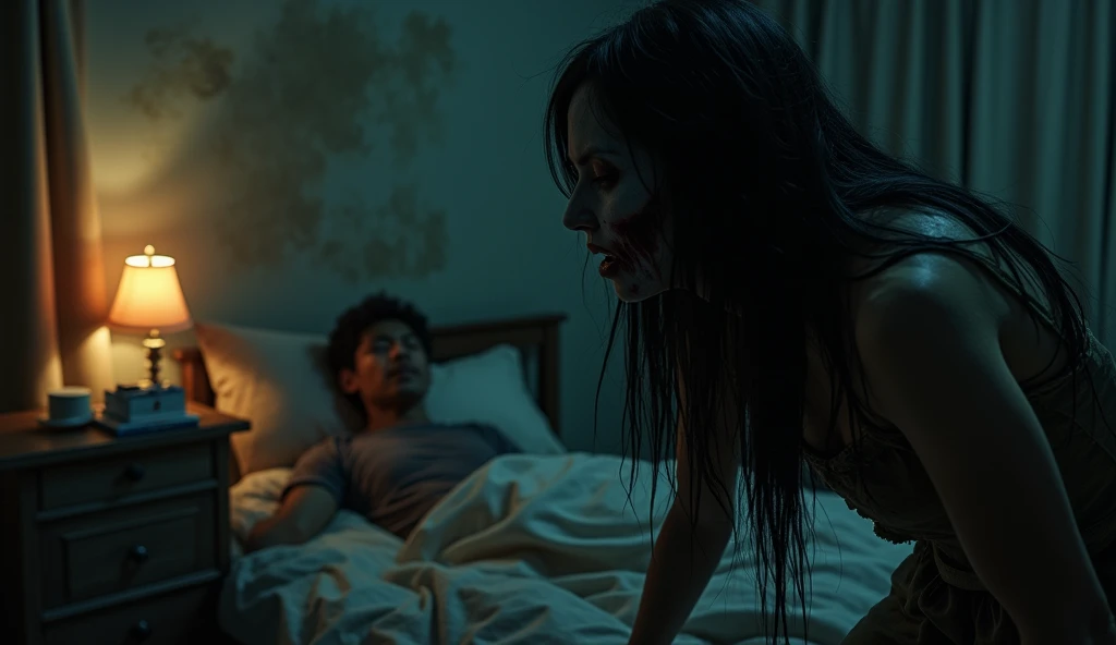 wide shot,, a shot from the corner of the dark room, only a light from the table lamp source. a light spill from the window. they is a young malay man awakened from his sleepi and extremely shocked looking at the zombie beside him. beside him, lying a creepy looking woman, eerie, long black hair. pale face, zombie face, wearing white slubby dirty torn cloth. she is looking at him creepy. cinematic shots. horror film still. masterpiece, hyper realistic.