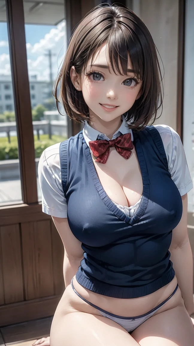 (masterpiece:1.2, Highest quality), (Realistic, Photorealistic:1.4), Beautiful illustrations, (Natural Side Lighting, Cinema Lighting), Written boundary depth, Looking at the audience, Front view, 1 person, English, high school girl, 20-year-old, Perfect Face, Symmetrical cute face, Glowing Skin, Spread your legs, (ボブヘア:1.7, ブロンド), Asymmetrical bangs, Big eyes, Droopy eyes, long eyelashes chest), thin, Beautiful Hair, Beautiful Face, Beautiful and beautiful eyes, Beautiful clavicle, Beautiful body, Beautiful breasts, Beautiful thighs, Beautiful legs, Beautiful fingers, ((High quality fabric, Brown knitted vest, Short sleeve white collar shirt, ネイビーのプリーツスカート, Navy bow tie)), (Beautiful views), evening, (Inside the flower shop), Are standing, (smile, wonderful, Open your mouth), (((スカートめくり, ズボンがない, Genitals are visible))), Full Body Shot, Dark blue socks, Sexy Face, Inverted nipples