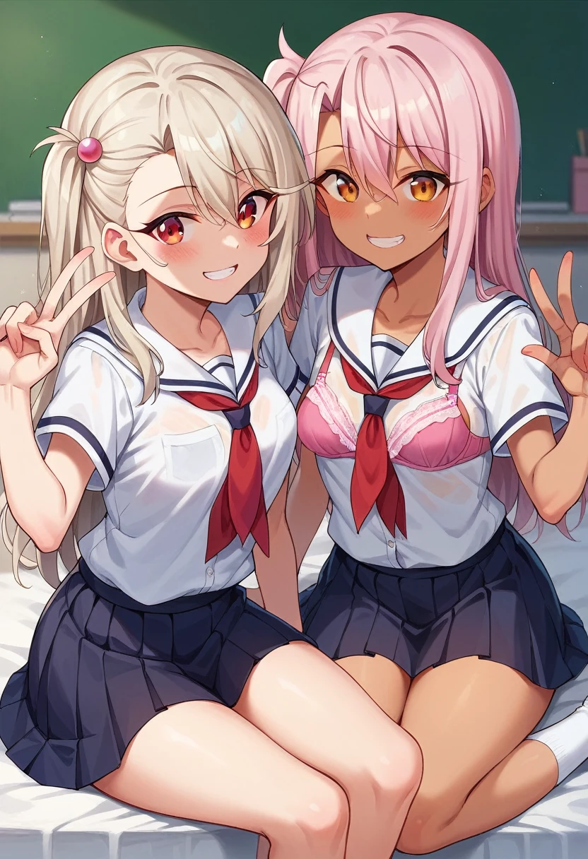 chloe von einzbern, illyasviel von einzbern, long hair, breasts, looking at viewer, blush, smile, open mouth, bangs, multiple girls, skirt, shirt, hair ornament, red eyes, 2girls, hair between eyes, sitting, underwear, school uniform, collarbone, white shirt, pink hair, white hair, short sleeves, heart, sidelocks, thighs, small breasts, socks, dark skin, black skirt, bra, grin, dark-skinned female, orange eyes, v, pink bra
