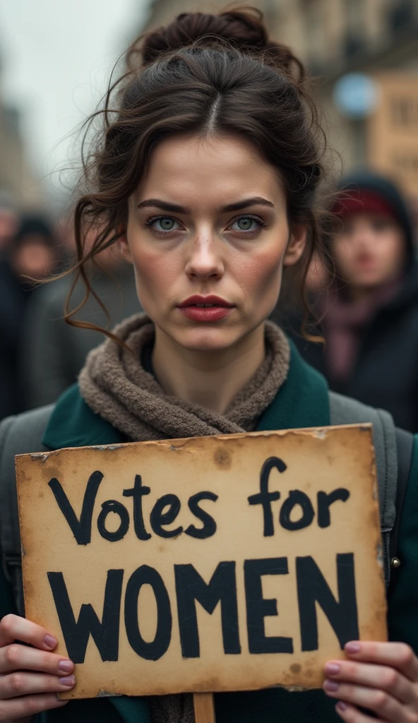 A close-up of a suffragette holding a "Votes for Women" sign.