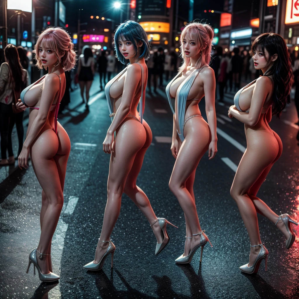 (Full Body of Extremely Detailed((y Ladies Group in a row:1.37))), KAWAII perfect face, Reflective Eyes, Detailed(Delicate Clothing textures), Correct graceful legs, Dynamic Joyful Expressions LifeLike Rendering, Specular Reflection, TopQuality 8K Ultra-detailed masterpiece (ProfessionalPhoto:1.37), (Acutance:0.8), (Luminism:1.28), ((Shibuya Scramble Crossing)), (Colorful Light particles), ((Full body from side)) {MicroMini Skirt|Kissing Face to Face|Undressing|Thigh Gap|Cute Peach Assus|NakedApron with SideBoob}, Radiant Fine Skin with Transparency, {Pink Hair|LightBlue Hair|Pure White Hair|Blonde|Liquid Hair|Red HighHeels}, Perfect Lighting