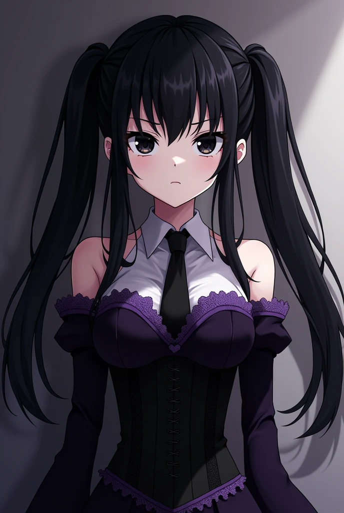 Black eyed anime girl, pale skin frowning face, black hair with two long straight ponytails, black corset with purple lace and black and purple skirt, black necktie, anime styling.