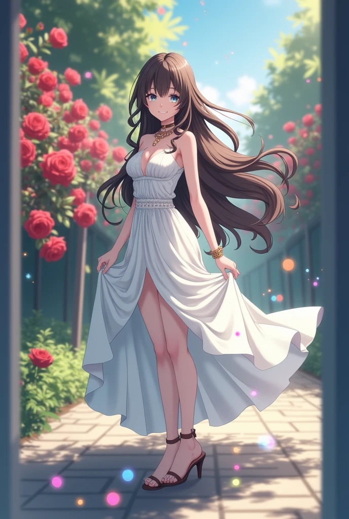 (masterpiece、Highest quality、8k、High resolution)、(One female、Beautiful Face、Beautiful eyes、Beautiful lips、Beautiful nose)、smile、The white upper teeth are faintly visible、Brown-black hair、(The best girl in anime)、garden、blue sky、Colorful flowers are blooming、Vibrant colors、Red roses are beautiful、(Body、whole bodyから神秘的な光の粒子、Colorful light particles、A mysterious light glowing around the head)、melt、jewelry、necklace、dress、(whole body)、Highly detailed anime art、A complete portrayal、