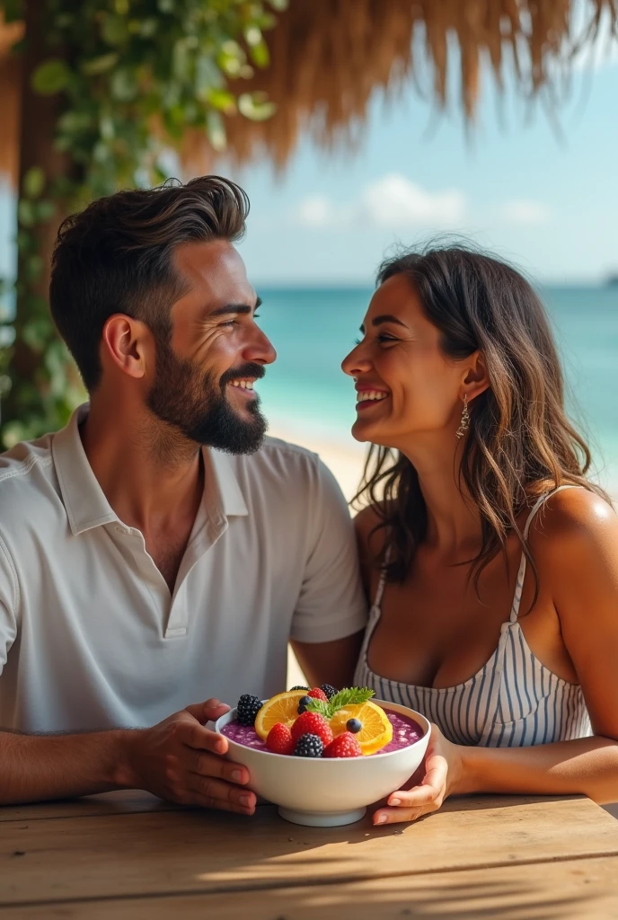Realistic Man and Girlfriend 25-35 years old, in Maceió Brazil eating acai in a bowl , ultra HD, high qualiy, best qualityer, high resolution, 8k, 16K