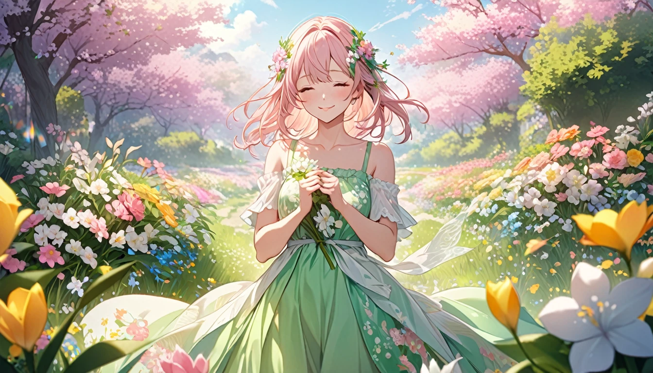 **307. One person。The personification of the scent of spring。The fragrance of spring, symbolizing new life and hope.。Cowboy shot or close-up。  
masterpiece, best quality, ultra detailed (Detailed fingers), (Emotional), (Breathtakingly beautiful),  
(main part: 1.2 Whole body。), (Anime Style), (Very detailed), (Spring scent personified),  
(超High resolution, High resolution), (8k), (High resolution: 1.2), (Complex and beautiful: 1.2)**
- background: Bright spring scenery with blooming flowers、A garden filled with pleasant fragrances。
- Personification: Young woman, around 18 years old、Wearing a floral dress that makes you feel like you&#39;re wearing the scent of flowers。
-pose: surrounded by flowers、Closing her eyes as if enjoying the scent。
-expression: Feeling gentle and calm、A smile that symbolizes the warmth of spring。
- Effects: The scent of flowers on the wind、Ambient effects。
-color: Pink and pastel green、A color that symbolizes the gentleness and vitality of spring。
