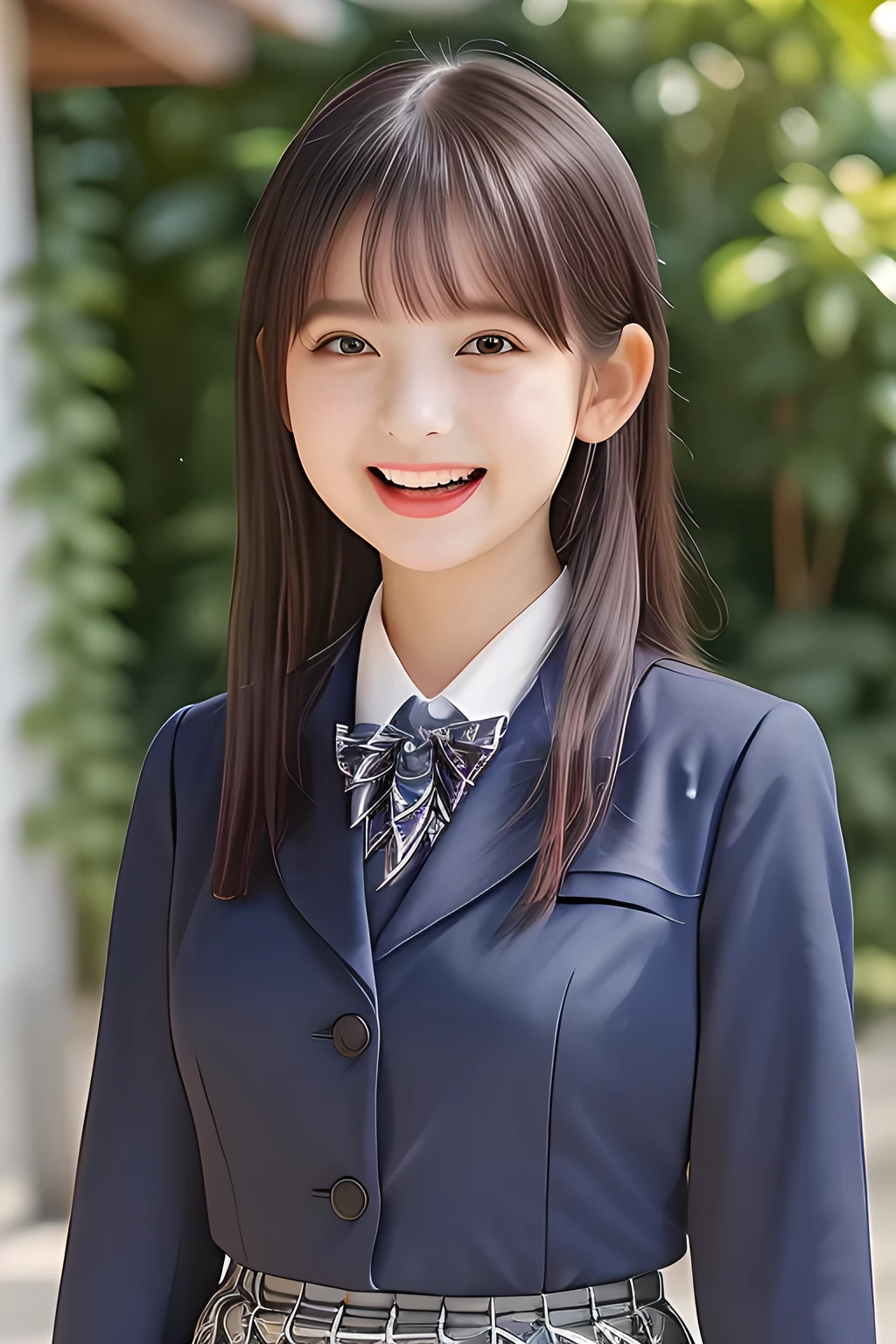 (highest quality, masterpiece, high resolution:1.2), 4K, (Photo quality detailed face: 1.2), (Giorgione painting style: 0.8), geometry, ( yo cute girly Japanese weak girl with very detailed graceful cute smiling face: 1.2), Laughing cutely, (Japanese school girly navy-colored blazer uniform: 1.4), (blue expensive pleated checkered school skirt: 1.6), (big sharp breast: 1.3), (Dark red glossy school ribbon on the breast: 1.0), (Extremely laughing cheeks: 1.0), (Beautiful light-amber cute-dolly large clear laughing 10yo noble princesses eyes with very detailed cutely: 1.4), (Long bottom eyelashes: 1.2), (Glossy lips: 1.0), (Super-straight Super-LONG hair: 1.3)