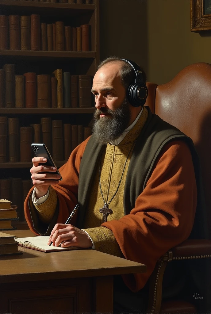 St. Joseph Calasanz listening to a podcast and writing
