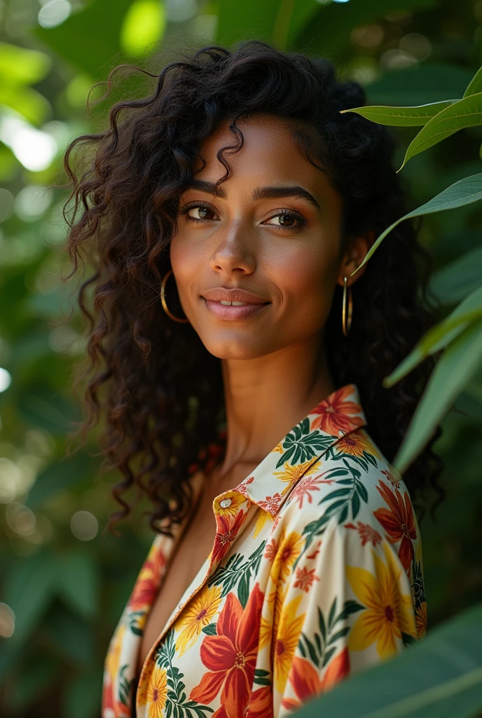 A Brazilian woman in a lush tropical garden, wearing an open shirt with a floral print, with a close-up capturing the harmonious beauty between her breasts and the natural flowers, showing off your natural charm and outgoing personality.