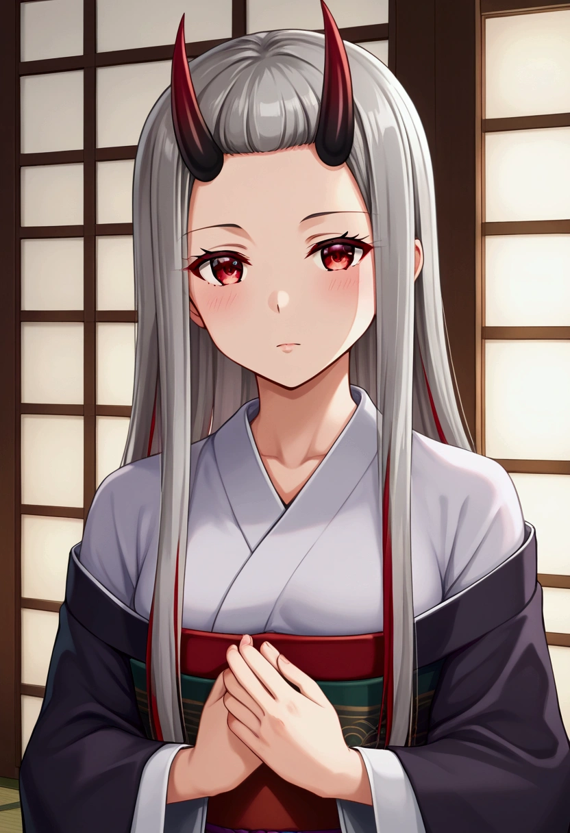 8k, Highest quality, Manga style, View your viewers, Intricate details,One person, Nakiri Ayame, 2Demon horns in the book, Multicolored Hair, Long Hair, Red eyes, Gray Hair, kimono,