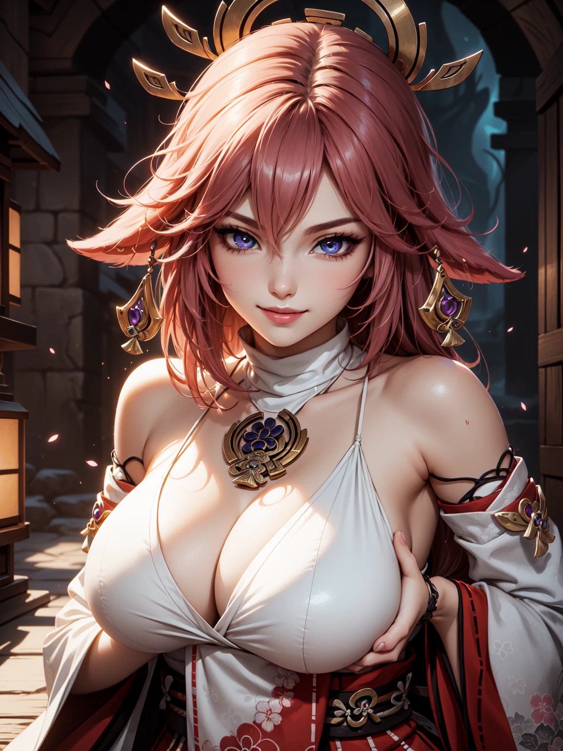 grasping and squeezing breasts,((masterpiece)),(bestquality),((ultra-detailed)), (beautiful detailed face), depth of field,detailed,((beautiful detailed eyes)), (fantasy art:1.5), ((yaemikodef)), cowboy shot, (armpits pose:1.2), body goals, perfect body, official art, gigantic breast, cute, smile,