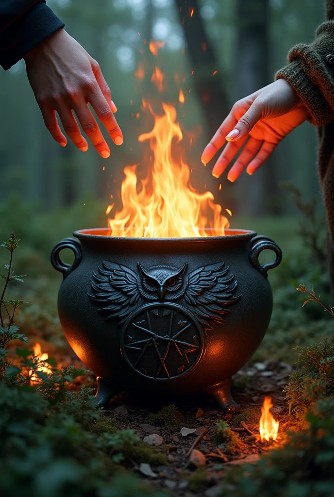 iron cauldron with an owl and a pentagram in relief, catching fire in the middle of the dense forest and a woman's hands on top in contact with the fire