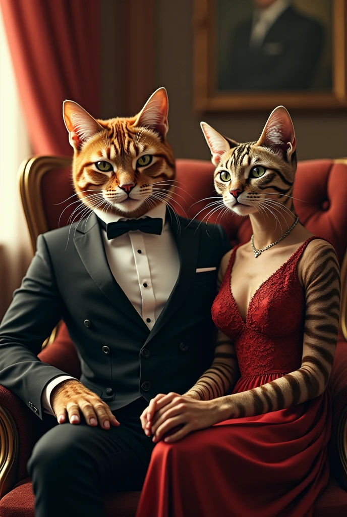Very rich bikini cat wearing elegant suit sitting on a luxurious chair in his office and next to him is A female bikini cat wearing a very sexy evening dress, real, high resolution detail, full picture as real life