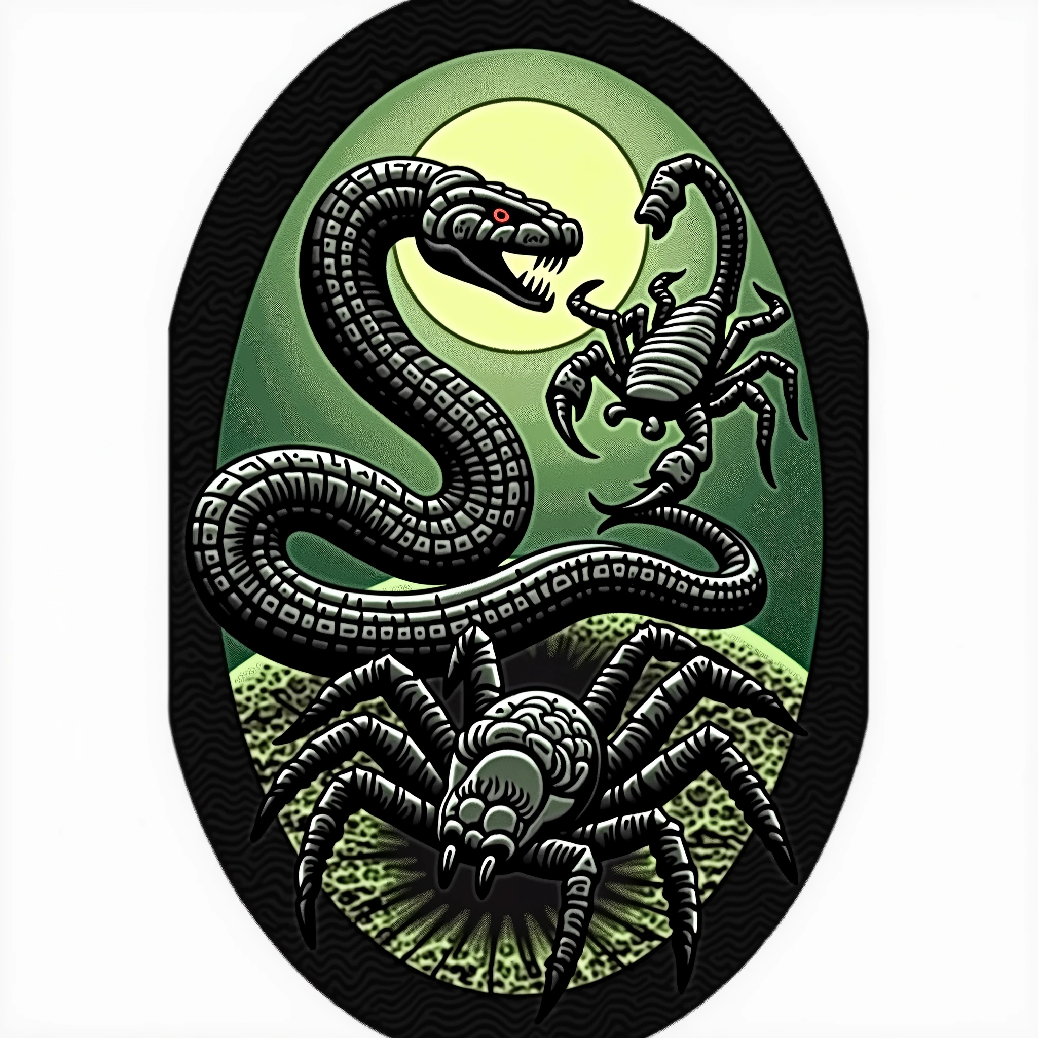 Image for military patch  ,triangular shape inside an olive green colored flag , green and black  , rescue of venomous animals with snake scorpion and spider With square black background