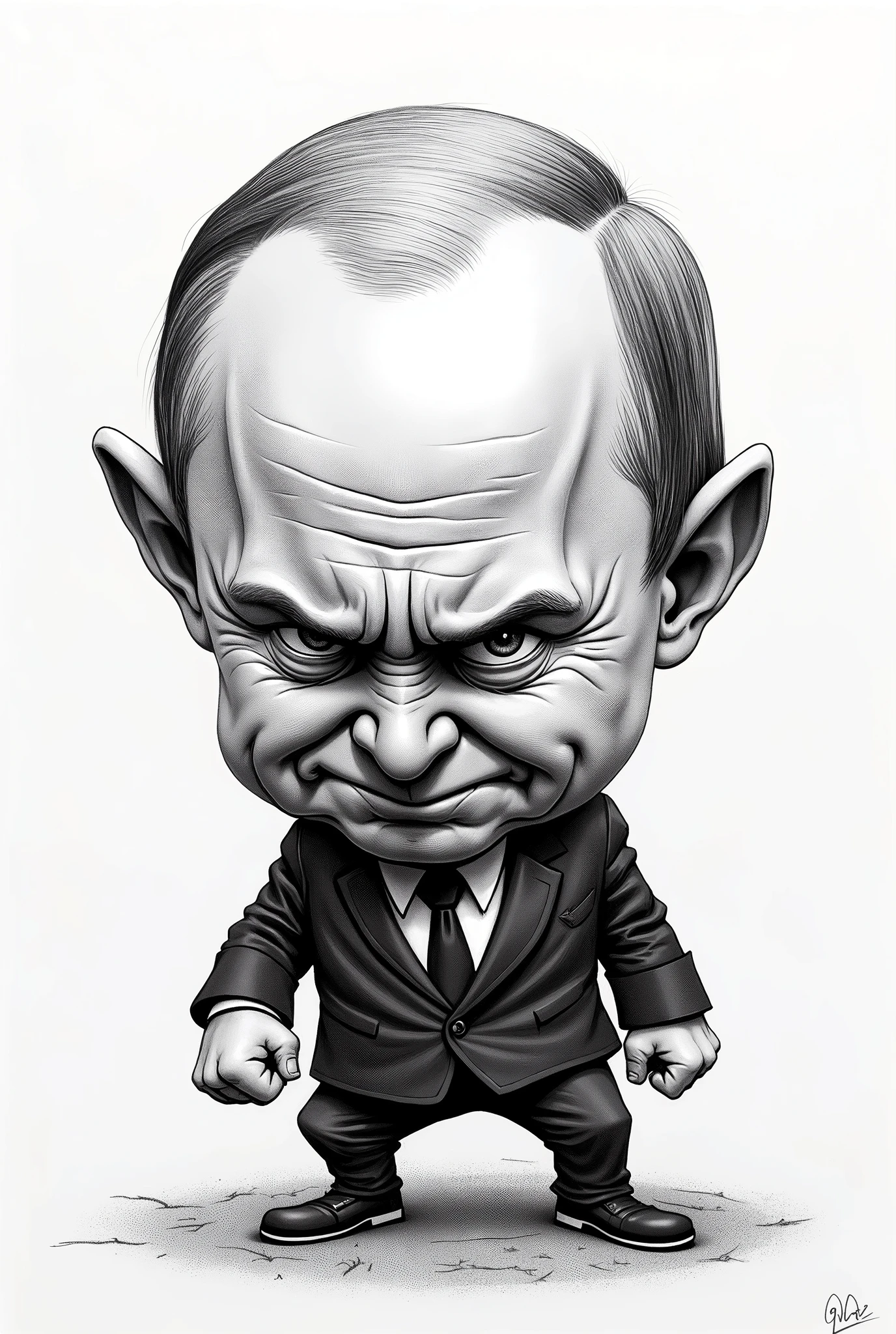 Drawing of Putin, very short, dwarfish and angry
