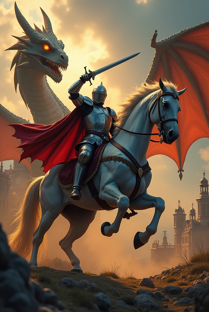 a strong man in armor riding a horse, confronting a fierce dragon, ultra-detailed, hyperrealistic, 8k, (best quality,4k,8k,highres,masterpiece:1.2),ultra-detailed,(realistic,photorealistic,photo-realistic:1.37),HDR,UHD,studio lighting,ultra-fine painting,sharp focus,physically-based rendering,extreme detail description,professional,vivid colors,bokeh,historical,epic,dramatic,cinematic,chiaroscuro,dramatic lighting,detailed armor,muscular build,determined expression,dragon with glowing eyes,fearsome teeth and claws,horse rearing up,sword raised high