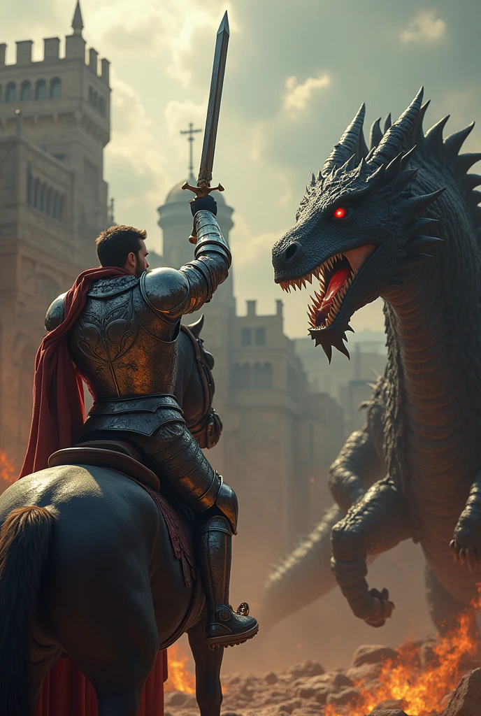 a strong man in armor riding a horse, confronting a fierce dragon, ultra-detailed, hyperrealistic, 8k, (best quality,4k,8k,highres,masterpiece:1.2),ultra-detailed,(realistic,photorealistic,photo-realistic:1.37),HDR,UHD,studio lighting,ultra-fine painting,sharp focus,physically-based rendering,extreme detail description,professional,vivid colors,bokeh,historical,epic,dramatic,cinematic,chiaroscuro,dramatic lighting,detailed armor,muscular build,determined expression,dragon with glowing eyes,fearsome teeth and claws,horse rearing up,sword raised high