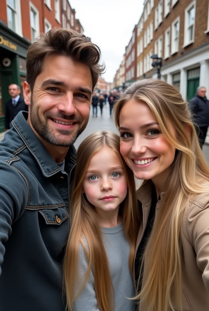 Blonde girl 8 year long hair harzel eyes with your brunette dad Brown eyes and mom blonde Green eyes long hair selfie Photo in London street 8k ultra realistic image
