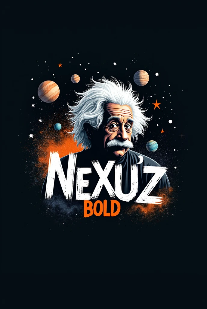 I want a minimalist logo with these ideas Text: "Nexu&#39;z Bold" in graffiti style.
Visual Elements: Einstein&#39;s hair styled as part of the design, mixed with astronomical elements such as stars and planets.
colors: Use black and grey for an urban touch, with blue accents, orange, white and silver to represent physics.
urban style: Incorporate textures and details like graffiti, urban patterns and spray effects