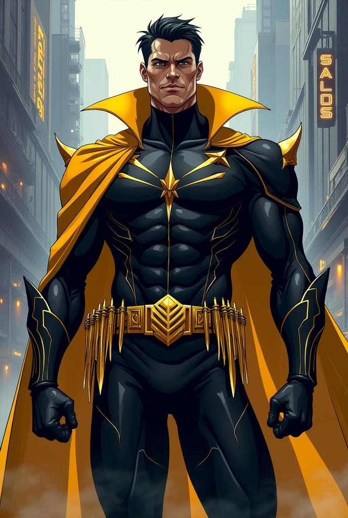 Make me a super villain whose flash-type suit is black and gold, that he doesn&#39;t have a mask or a blindfold and that his belt has knives and knives in anime version.